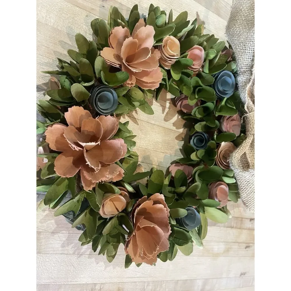 Handmade Wood Shaving Pink & Blue Floral Wreath Decor Art Farmhouse Cottagecore
